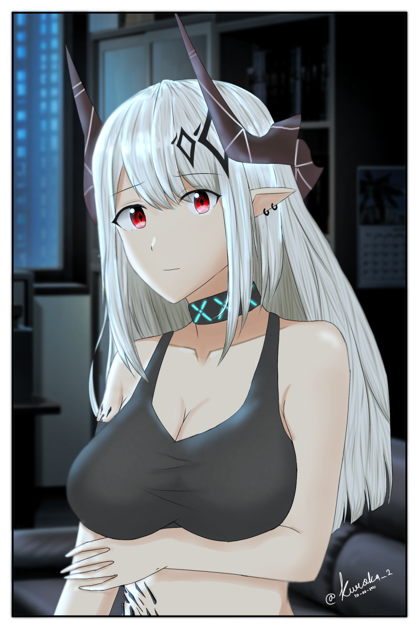1girl absurdres arknights arm_under_breasts eyebrows_visible_through_hair female highres infection_monitor_(arknights) looking_at_viewer mudrock_(arknights) oripathy_lesion_(arknights) pointy_ears red_eyes solo sports_bra user_nehv4884 white_hair