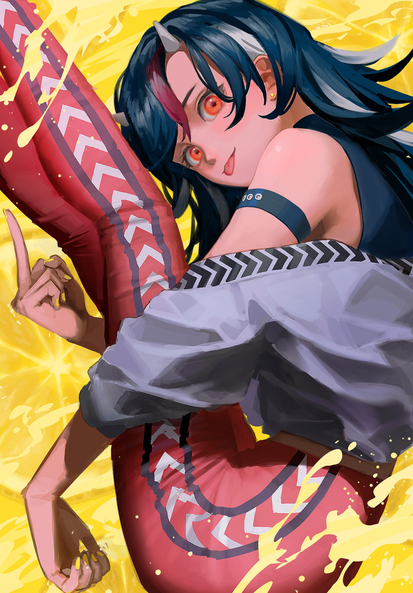 1girl bangs bare_shoulders black_clothes black_hair hand_up highres horns jacket kijin_seija legs_up looking_at_viewer motsuba multicolored multicolored_hair pants red_eyes red_pants redhead short_hair smile solo tongue touhou white_hair white_jacket yellow_background