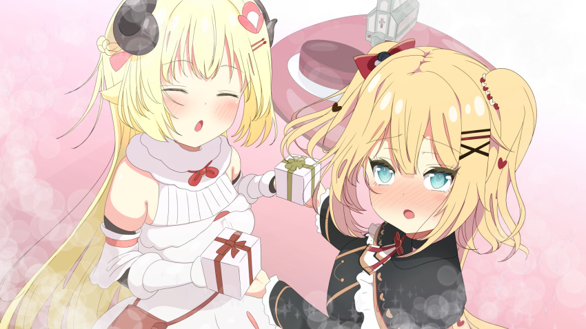 2girls :o akai_haato armpit_crease bangs blonde_hair blue_eyes blush bow bowtie box church closed_mouth commentary_request gift gift_box hair_bow hair_ornament hairclip heart heart_hair_ornament highres hiiragi_shouichi hololive horns looking_at_viewer multiple_girls open_mouth pink_background ribbon sheep_girl sheep_horns sparkle tsunomaki_watame virtual_youtuber