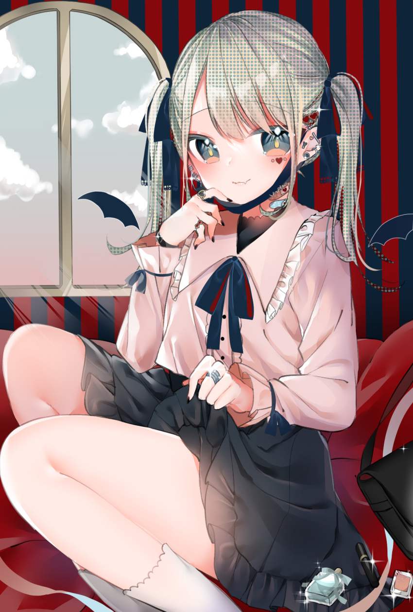 1girl aqua_eyes aqua_hair bangs black_ribbon earrings eyebrows_visible_through_hair fang frills hair_ornament hair_ribbon hatsune_miku heart highres jewelry long_hair looking_at_viewer mask mask_pull mouth_mask open_mouth piercing pink_shirt red_background ribbon rousoku_6969 shirt skin_fang smile solo thighs twintails upper_body vampire_(vocaloid)
