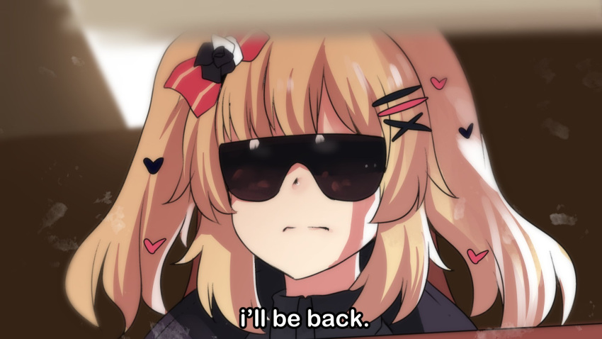 1girl akai_haato bangs blonde_hair blurry commentary english_text expressionless hair_ornament hairclip heart heart_hair_ornament highres hinghoi hololive parody shadow solo sunglasses terminator_(series) the_terminator virtual_youtuber