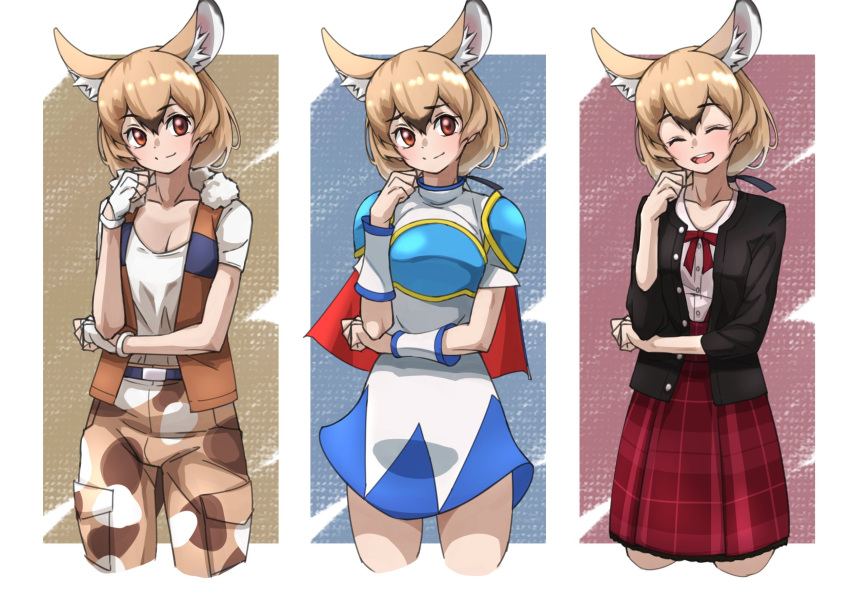 1girl african_giant_pouched_rat_(kemono_friends) animal_ears armor belt black_jacket blue_shirt blue_skirt blush bow bowtie brown_hair brown_pants brown_vest camouflage camouflage_pants cape character_request collarbone commentary_request copyright_request cowboy_shot extra_ears eyebrows_visible_through_hair fur_collar highres jacket kemono_friends kemono_friends_3 light_brown_hair mouse_ears mouse_girl mouse_tail multicolored_hair multiple_views official_alternate_costume open_clothes open_jacket pants pauldrons plaid plaid_skirt pleated_skirt red_cape red_eyes red_neckwear red_skirt school_uniform shirt short_hair short_sleeves shoulder_armor skirt t-shirt tail tanabe_(fueisei) vest white_fur white_hair white_shirt
