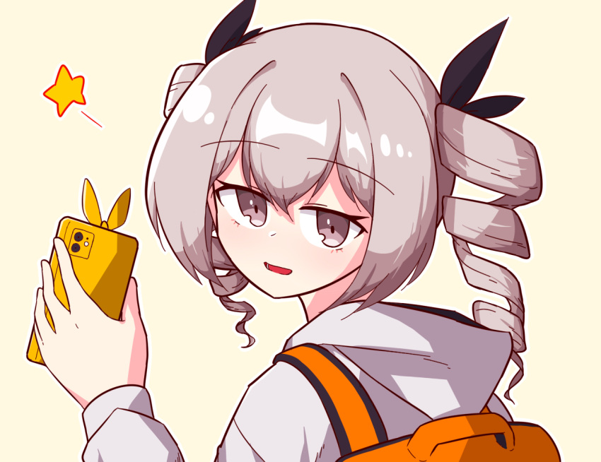 1girl :d backpack bag bangs bronya_zaychik cellphone drill_hair grey_eyes grey_hair grey_jacket hair_between_eyes holding holding_phone honkai_(series) honkai_impact_3rd jacket looking_at_viewer looking_to_the_side open_mouth phone simple_background smile solo star_(symbol) twin_drills user_wvdn2827 yellow_background