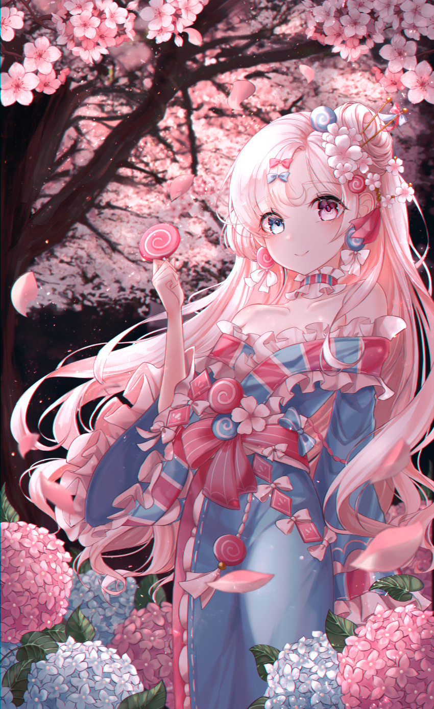 1girl absurdres bbeedol blue_eyes candy cherry_blossoms dress_flower flower food heterochromia highres holding holding_candy holding_food holding_lollipop huge_filesize hydrangea japanese_clothes kimono lollipop long_hair long_sleeves looking_at_viewer original outdoors petals pink_eyes pink_theme smile solo wide_sleeves