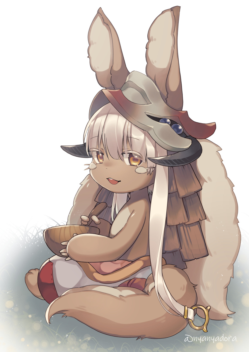1other absurdres bowl eyebrows_visible_through_hair furry grass helmet highres long_hair looking_at_viewer made_in_abyss nanachi_(made_in_abyss) nyasunyadoora signature solo whiskers white_hair yellow_eyes