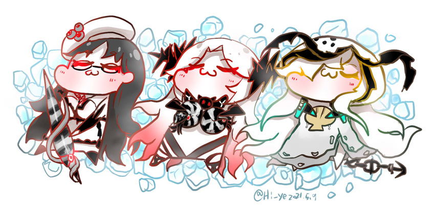 3girls :3 abyssal_ship barnacle batavia_princess beret black_hair chibi clam_shell closed_eyes commentary dated entombed_air_defense_guardian_princess glasses hat hi_ye ice kantai_collection long_hair lunga_ocean_heavy_cruiser_princess lying makeshift_bra multicolored_hair multiple_girls nautilus_(animal) on_back orthocone redhead sidelocks signature twitter_username two-tone_hair white_hair