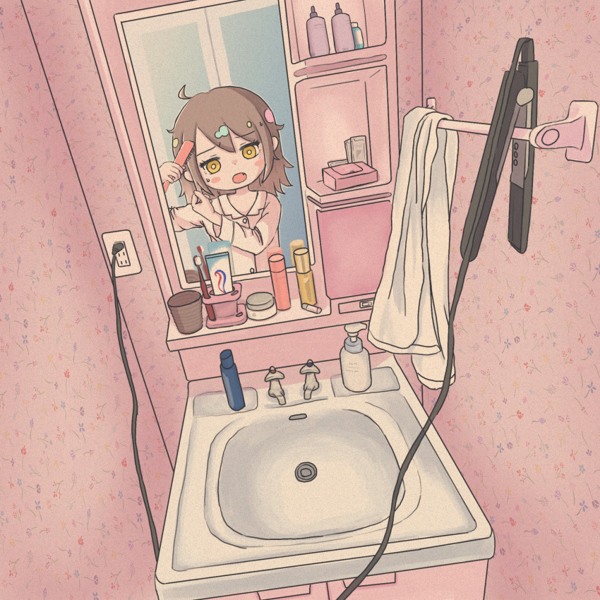 1girl bathroom blush_stickers brown_hair dutch_angle fang hair_brush hair_brushing hair_straightener highres indoors medium_hair mirror open_mouth original pajamas pink_theme reflection sink solo sweatdrop tesora toothbrush toothpaste towel yellow_eyes