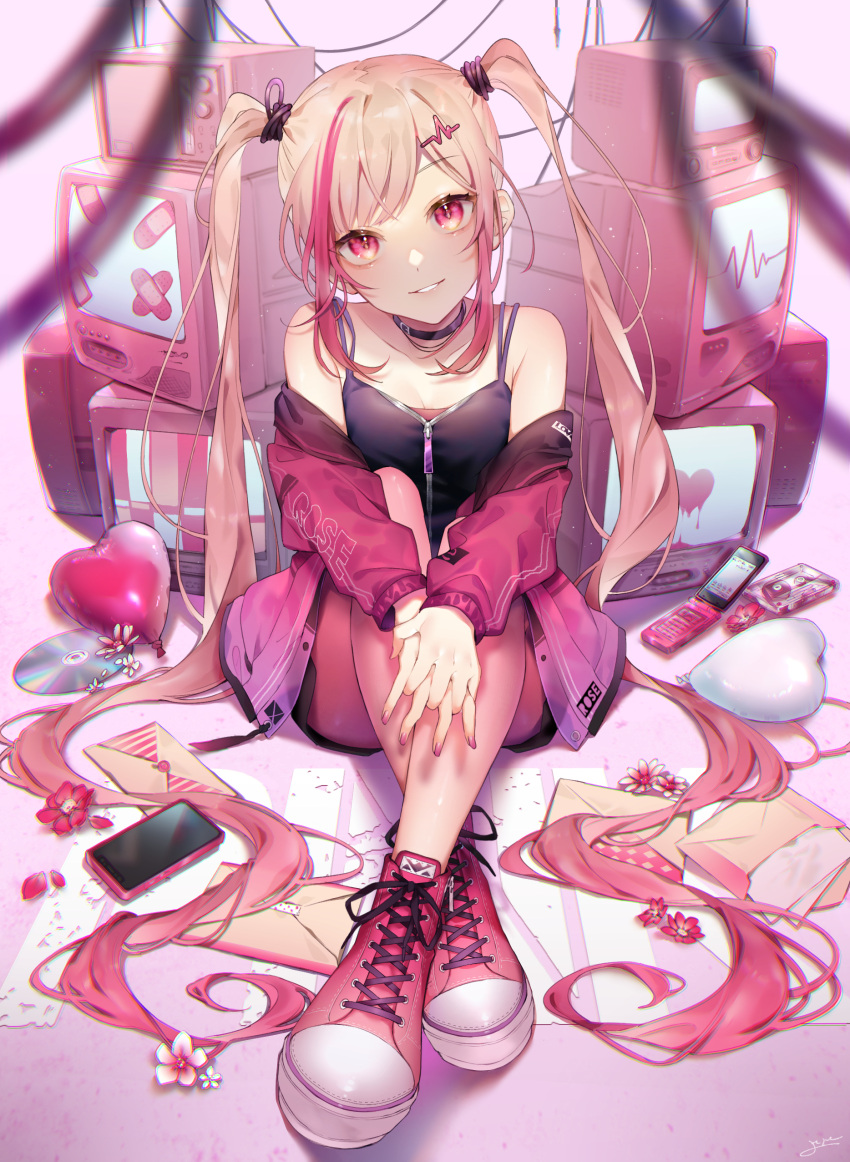 1girl absurdres bandages bare_shoulders blonde_hair cardiogram cd highres long_hair multicolored_hair nail_polish off_shoulder original pink_eyes pink_hair pink_theme shoes sitting sneakers solo streaked_hair television very_long_hair yori_hi