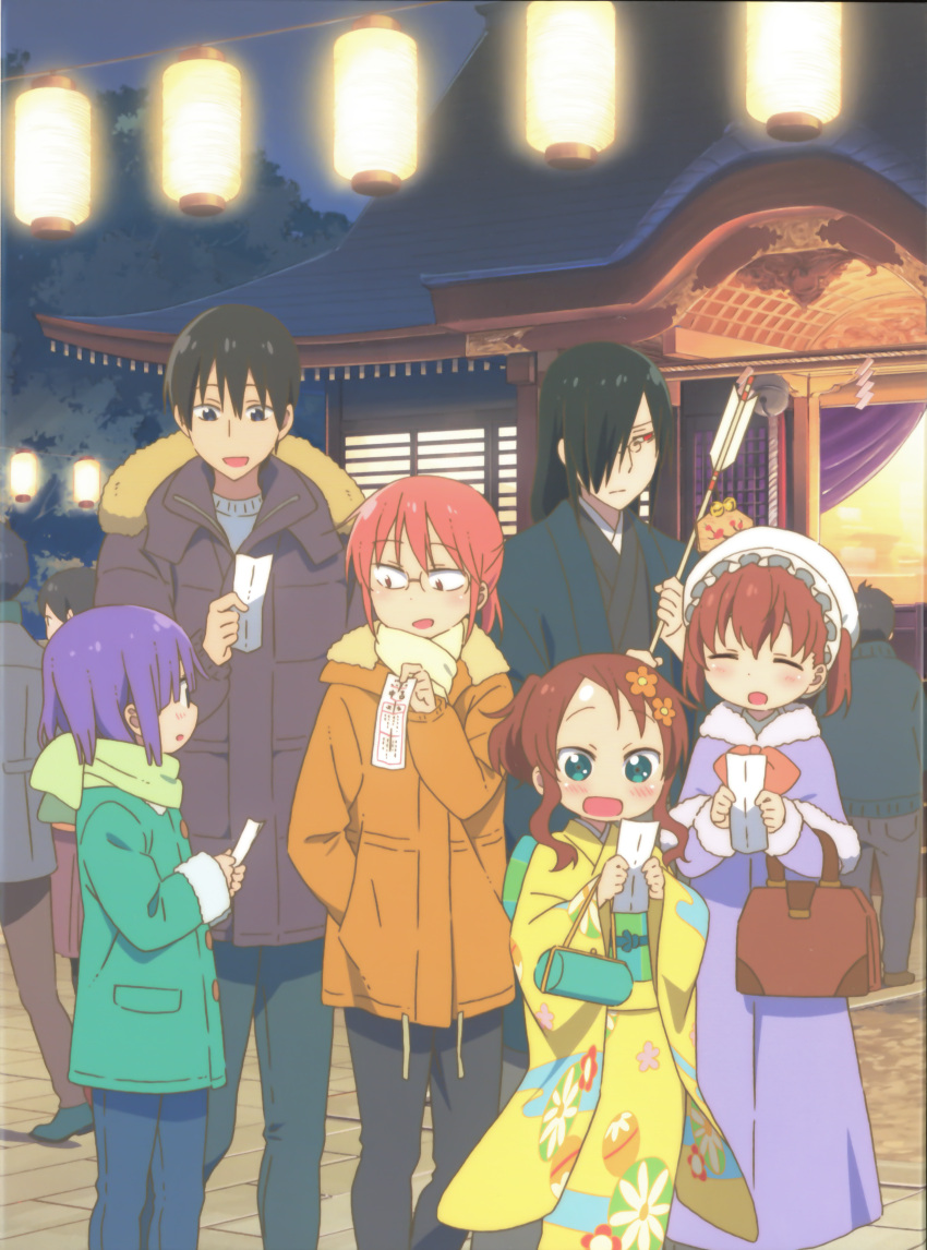 3boys 3girls absurdres arrow_(projectile) black_hair brown_hair coat fafnir_(maidragon) festival glasses highres japanese_clothes kimono kobayashi-san_chi_no_maidragon kobayashi_(maidragon) magatsuchi_shouta maid_headdress multiple_boys multiple_girls night official_art outdoors purple_hair redhead rimless_eyewear saikawa_riko saikawa_sanae scan takiya_makoto yukata