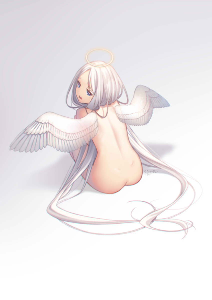 1girl 2020 absurdres angel angel_wings ass back backlighting blue_eyes chromatic_aberration completely_nude dimples_of_venus dot_nose facing_viewer feathered_wings from_behind full_body grey_background half-closed_eyes halo head_tilt highres long_hair looking_afar looking_back nana_mikoto nude open_mouth original sad signature simple_background sitting solo straight_hair teeth very_long_hair white_hair white_wings wings