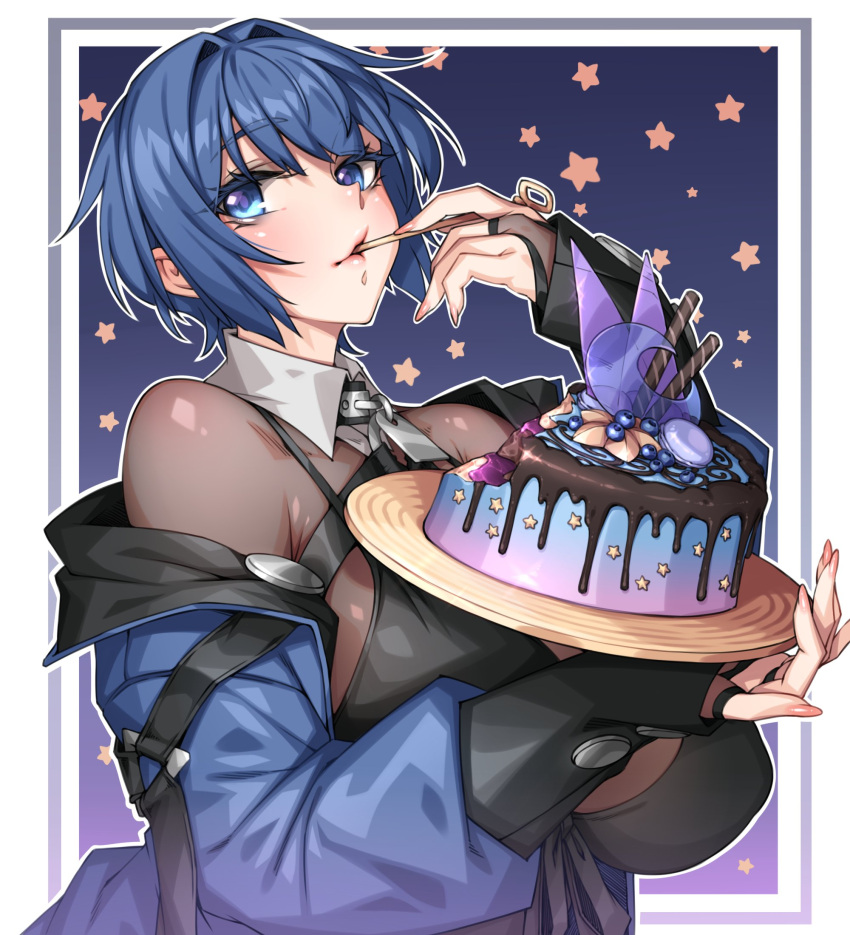 1girl bikini bikini_top birthday_cake black_bikini blue_eyes blue_hair blush bodystocking breasts bridal_gauntlets cake collar eating fingernails food highres jacket naidong original parted_lips short_hair solo starry_background swimsuit upper_body yin-ting_tian