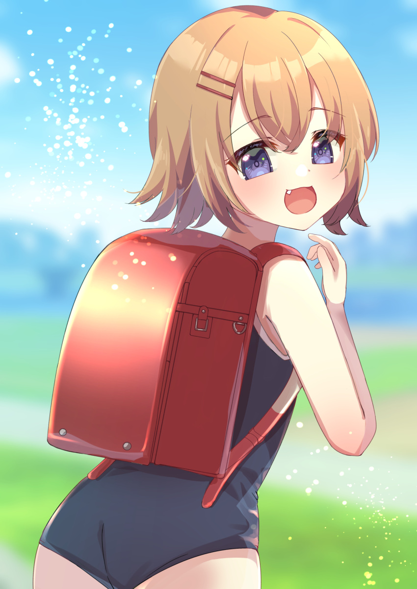 1girl :d backpack bag bangs bare_arms bare_shoulders black_swimsuit blurry blurry_background brown_hair commentary_request depth_of_field eyebrows_visible_through_hair fang hair_between_eyes hair_ornament hairclip highres looking_at_viewer looking_back one-piece_swimsuit open_mouth original randoseru school_swimsuit smile solo suzu_(minagi) swimsuit violet_eyes