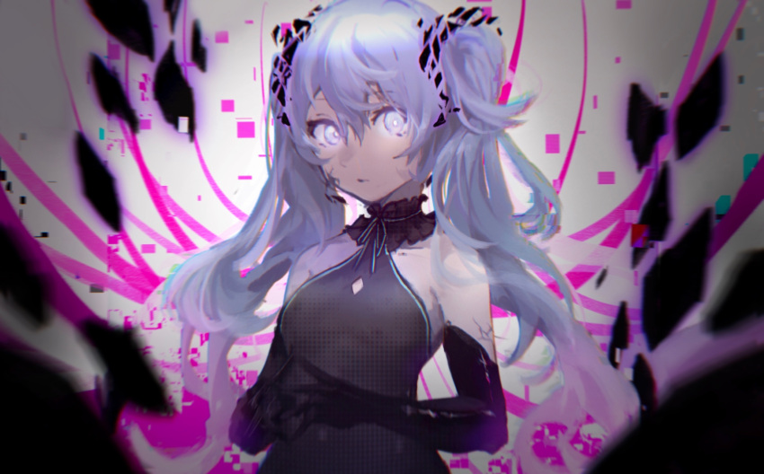 1girl bangs black_choker black_gloves blue_hair choker collarbone domremix elbow_gloves floating_hair ghost_rule_(vocaloid) gloves grey_eyes hair_between_eyes hatsune_miku highres long_hair looking_at_viewer solo twintails upper_body very_long_hair vocaloid