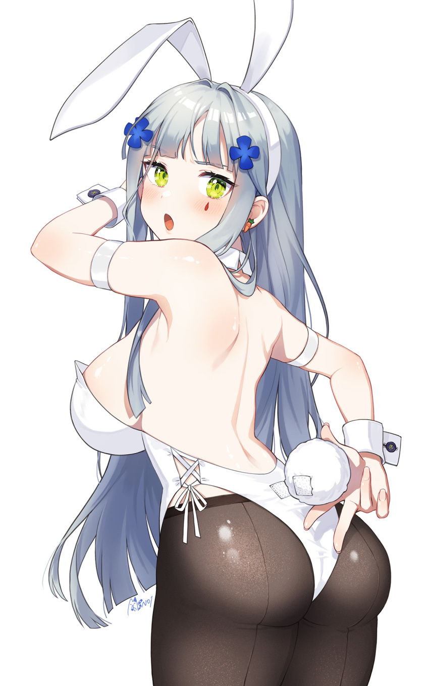 animal_ears back bangs blush breasts bunny_tail carrot_earrings commentary_request detached_collar earrings eyebrows_visible_through_hair fake_animal_ears food-themed_earrings girls_frontline green_eyes hair_ornament highres hk416_(girls_frontline) jewelry long_hair noixen playboy_bunny rabbit_ears sideboob signature silver_hair simple_background tail thigh-highs white_background wrist_cuffs