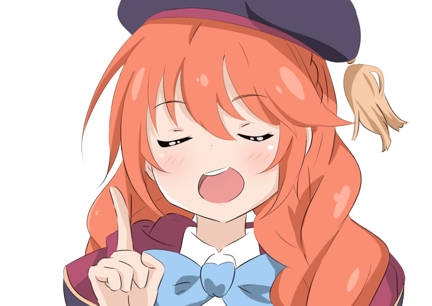 blush closed_eyes eyebrows_visible_through_hair hair_between_eyes hat kuroha_uma long_hair open_mouth orange_hair princess_connect! smile uniform white_background yuni_(princess_connect!)