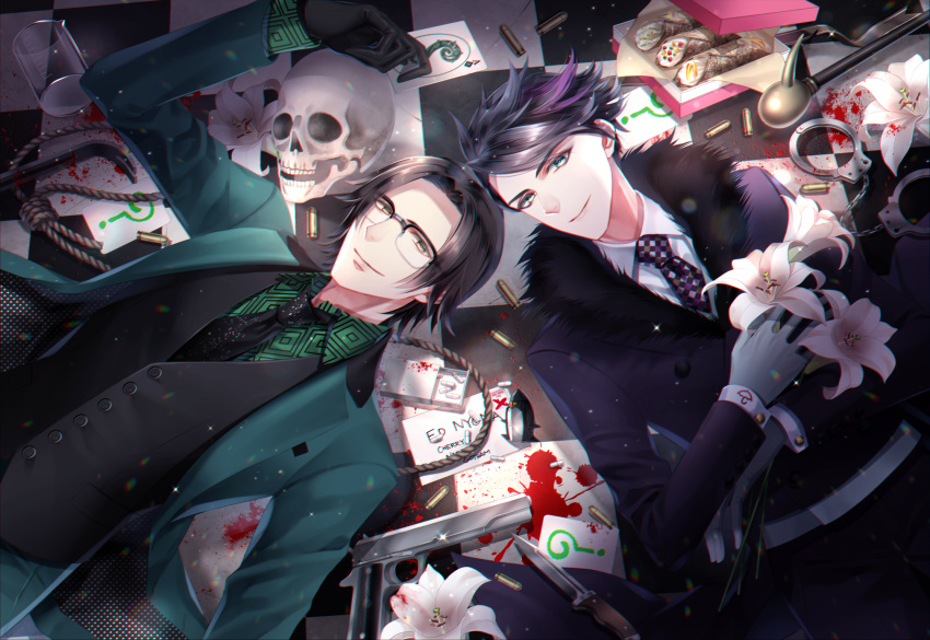 2boys ? aqua_suit araragi_soushi beaker black-framed_eyewear black_neckwear blood blood_stain cane character_name cuffs edward_nygma flower fur_trim glasses gloves gotham_(series) grey_gloves gun hand_up handcuffs highres knife long_sleeves looking_at_viewer lying multiple_boys necktie noose on_back oswald_chesterfield_cobblepot shell_casing skull vest weapon