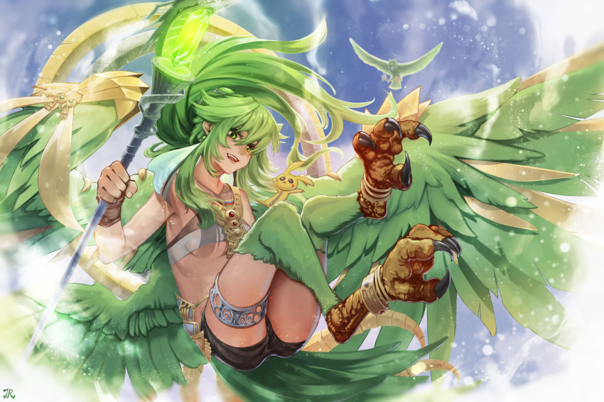 1girl anklet bangs bird bird_legs birdrawdream black_shorts breasts brown_gloves chinese_commentary clouds commentary_request english_commentary feathered_wings feathers flying gem gloves green_eyes green_feathers green_hair harpy highres holding holding_staff jewelry long_hair mixed-language_commentary monster_girl monsterification multiple_wings open_mouth shorts sidelocks sky small_breasts solo staff talons thigh_bands under_boob very_long_hair winda_priestess_of_gusto wings yu-gi-oh!