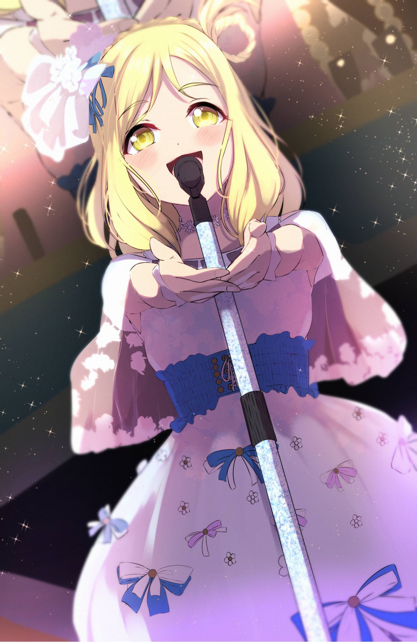 1girl :d bangs blonde_hair blue_ribbon blush braid buttons capelet choker corset crown_braid dress eyebrows_visible_through_hair floral_print flower flower_(symbol) hair_flower hair_ornament hair_rings highres jewelry love_live! love_live!_sunshine!! medium_hair microphone microphone_stand music ohara_mari open_mouth outstretched_hand pink_ribbon reflection ribbon sidelocks singing smile solo sophiaenju sparkle stage stage_lights swept_bangs white_dress yellow_eyes