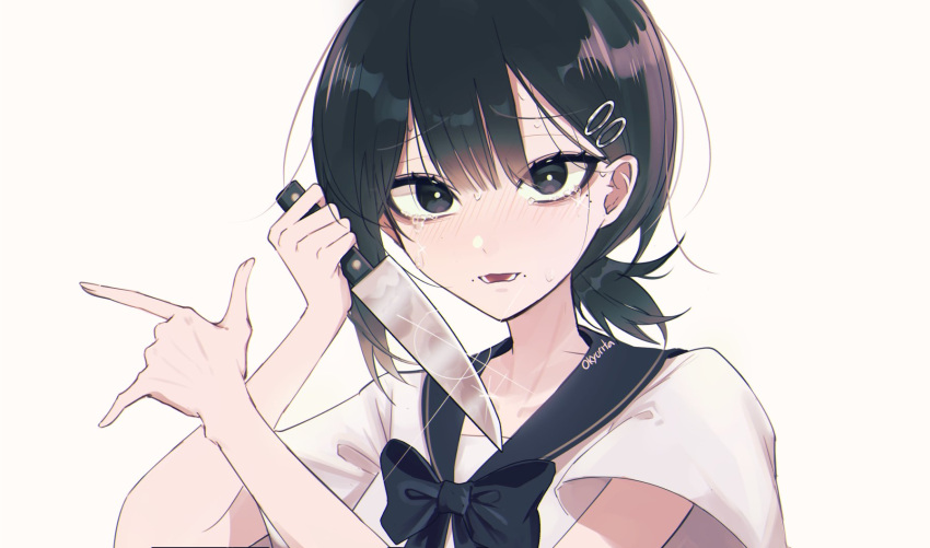 black_eyes black_hair blush chainsaw_man crying crying_with_eyes_open eyebrows_visible_through_hair eyes_visible_through_hair hair_ornament hairclip henshin_pose highres holding holding_knife knife kobeni mole mole_under_eye okyurita open_mouth ponytail pose school_uniform serafuku signature sparkle tagme tears