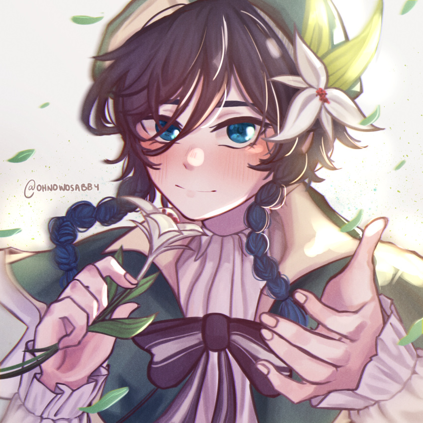 1boy androgynous bangs beret black_hair blue_hair blush bow braid cape closed_mouth collared_cape collared_shirt flower frilled_sleeves frills genshin_impact gradient_hair green_eyes green_headwear hair_flower hair_ornament hat highres holding holding_flower leaf long_sleeves looking_at_viewer male_focus multicolored_hair shirt short_hair_with_long_locks simple_background smile solo twin_braids twitter_username venti_(genshin_impact) white_flower white_shirt wosabby