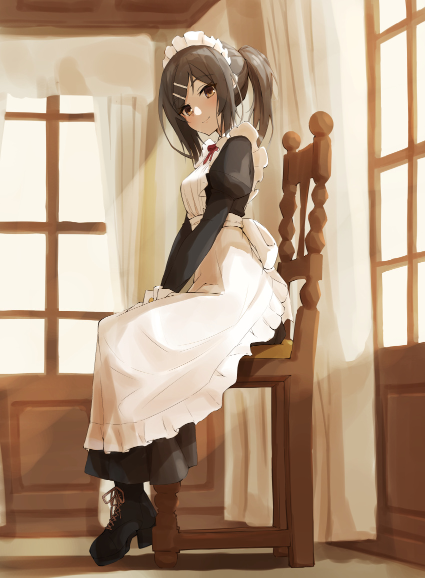 1girl absurdres alternate_costume apron bangs boots brown_eyes brown_hair curtains enmaided fate/kaleid_liner_prisma_illya fate_(series) high_heel_boots high_heels highres hore_(user_frns7872) looking_at_viewer maid maid_apron maid_headdress miyu_edelfelt ponytail sitting smile solo swept_bangs v_arms window