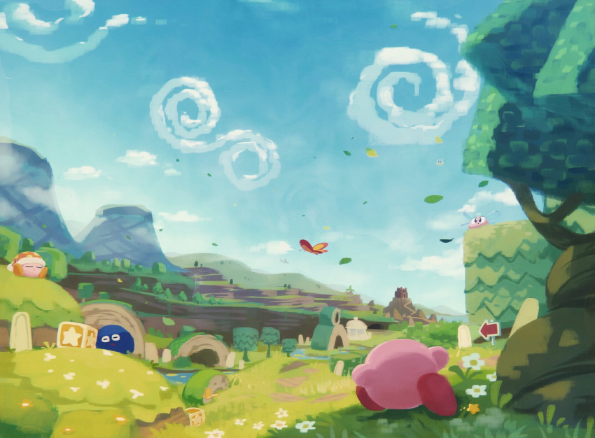 blue_sky bronto_burt bug butterfly castle castle_dedede cliff clouds gooey grass highres insect kirby kirby:_star_allies kirby_(series) mountain noddy_(kirby) running sky star_(symbol) suyasuyabi tree