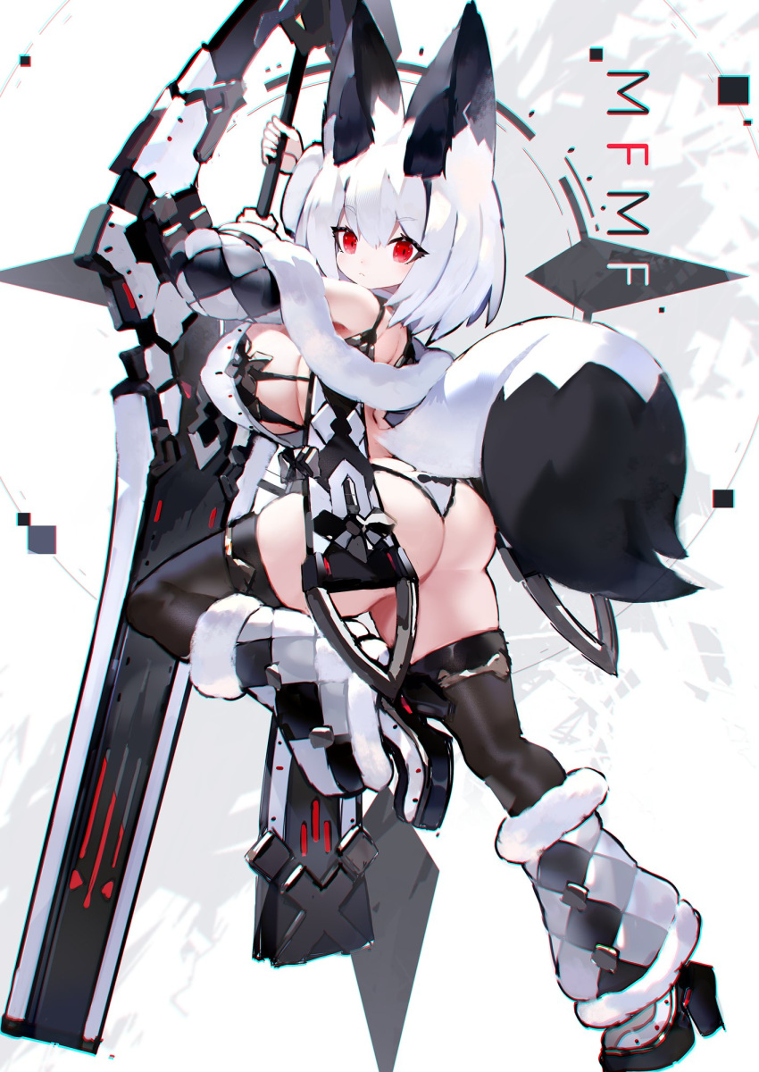 1girl animal_ear_fluff animal_ears arched_back ass bangs breasts chromatic_aberration eyebrows_visible_through_hair fox_ears fox_girl fox_tail from_behind full_body fur_trim hair_between_eyes high_heels highres holding huge_weapon large_breasts leg_up leg_warmers looking_at_viewer mamuru medium_hair no_pants original panties red_eyes solo standing standing_on_one_leg sword tail thigh-highs thighs underwear weapon white_background white_hair white_panties