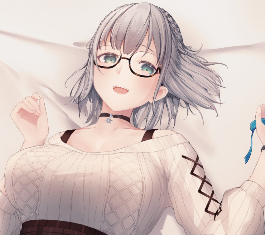 1girl aqua_eyes bed bed_sheet black_choker blue_ribbon blush braid breasts choker commentary crown_braid eyebrows_visible_through_hair glasses grey_sweater highres hololive large_breasts looking_at_viewer lying moubun_nisei official_alternate_costume on_back on_bed open_mouth ribbed_sweater ribbon semi-rimless_eyewear shirogane_noel short_hair silver_hair smile snowflake_choker solo sweater sweater_tucked_in upper_body virtual_youtuber watch watch