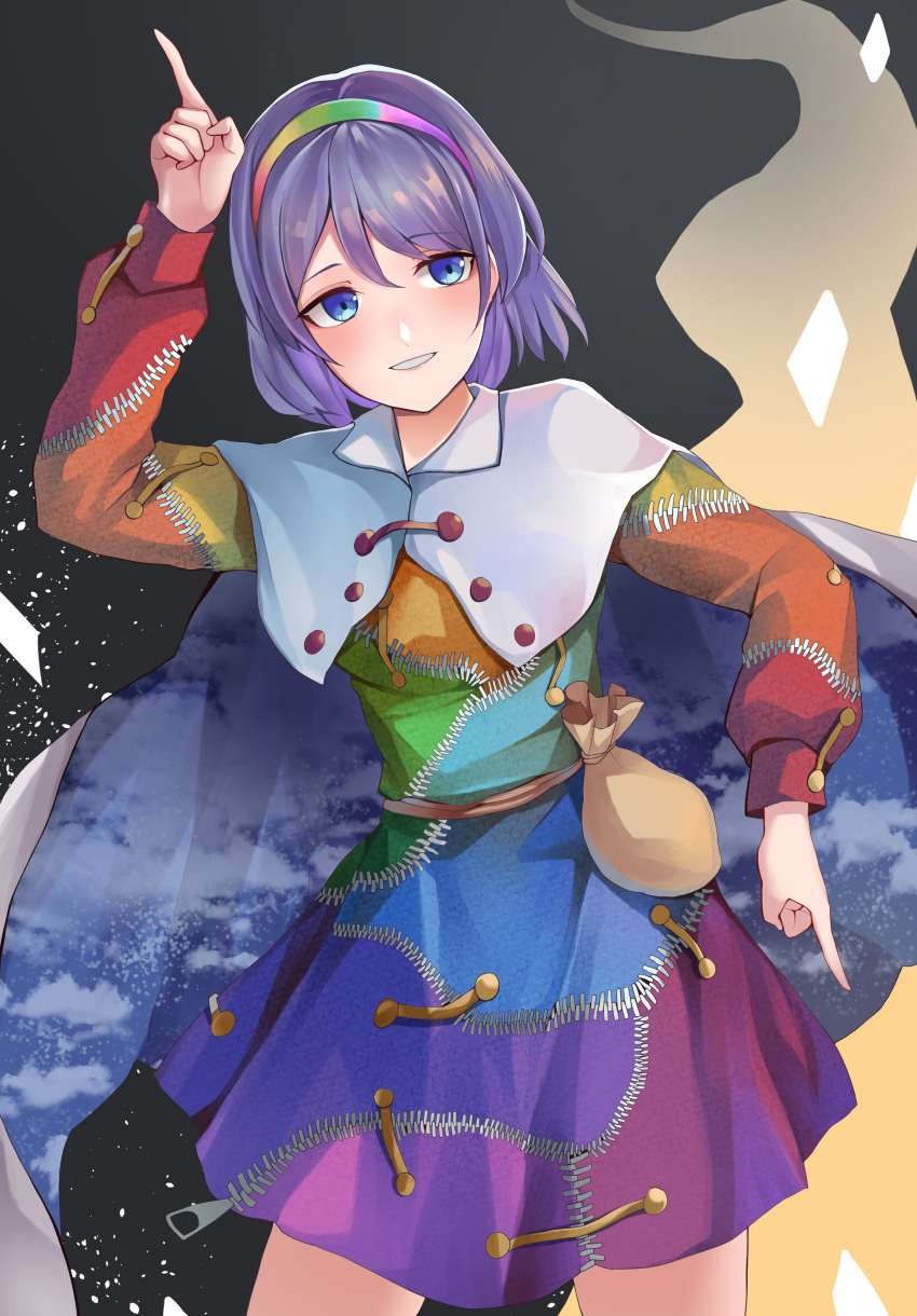 1girl absurdres bag blue_eyes blush cape cowboy_shot dress grey_background hairband highres koizumo light_smile looking_to_the_side multicolored multicolored_clothes multicolored_dress parted_lips pointing purple_hair rainbow_gradient short_hair simple_background solo tenkyuu_chimata touhou zipper