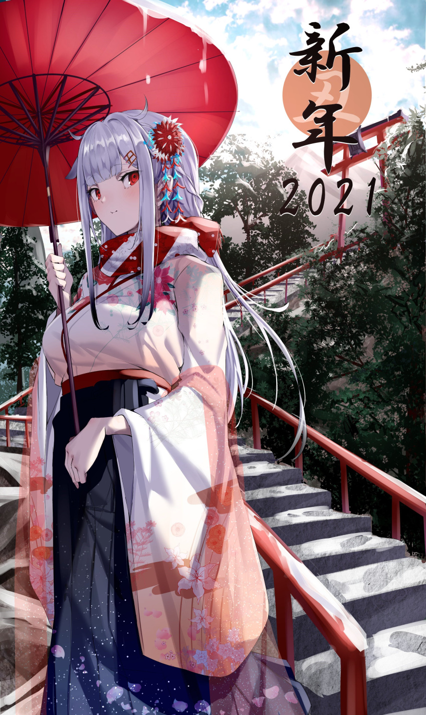 1girl 2021 absurdres azarashi_(azrsot) blush braid commentary_request day floral_print french_braid furisode grey_hair hair_ornament highres japanese_clothes kanzashi kimono long_hair long_sleeves looking_at_viewer new_year oil-paper_umbrella original outdoors red_eyes scarf solo torii tree umbrella wide_sleeves