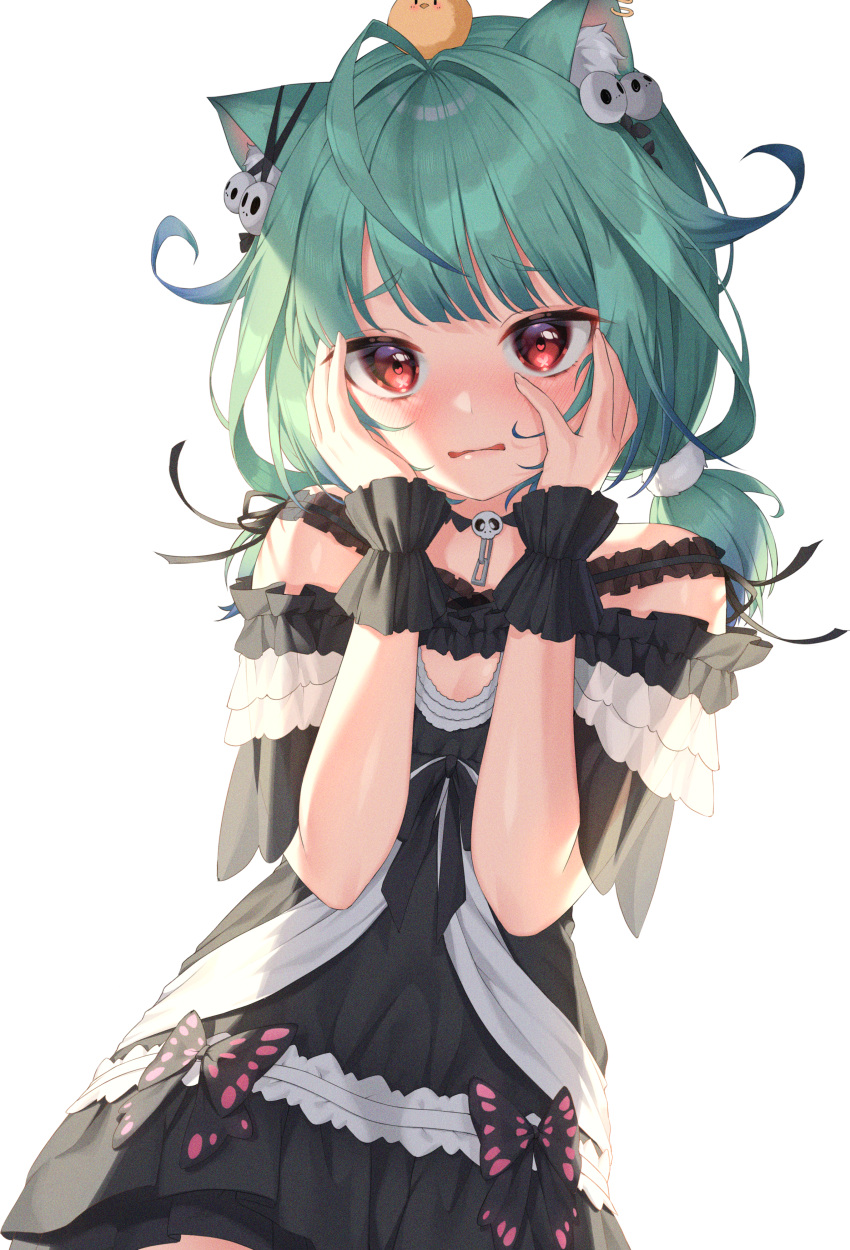 1girl absurdres ahoge animal_ear_fluff animal_ears animal_on_head bangs bird bird_on_head black_choker black_dress blush cat_ears chick choker commentary_request dress eyebrows_visible_through_hair green_hair hair_ornament hands_on_own_face hands_up highres hololive huge_filesize long_hair looking_at_viewer noise off-shoulder_dress off_shoulder on_head parted_lips piyoko_(uruha_rushia) red_eyes short_sleeves simple_background skull_hair_ornament solo twintails upper_body uruha_rushia virtual_youtuber white_background wrist_cuffs xiho_(suna)
