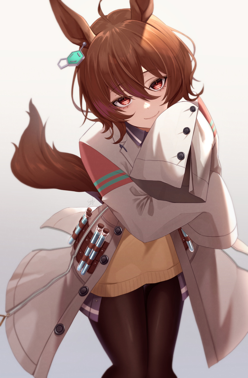 1girl agnes_tachyon_(umamusume) ahoge animal_ears bangs brown_hair coat earrings eyebrows_visible_through_hair gradient gradient_background hair_between_eyes highres holding_own_arm horse_ears horse_girl horse_tail ironatsuki jewelry labcoat long_sleeves necktie open_clothes open_coat pantyhose red_eyes short_hair single_earring sleeves_past_fingers sleeves_past_wrists smile solo sweater tail test_tube umamusume yellow_sweater
