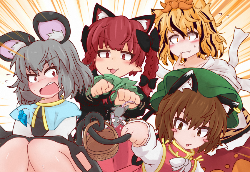 4girls :3 animal_ear_fluff animal_ears basket blonde_hair blush_stickers braid brown_hair cat_ears cat_tail chen commentary_request emphasis_lines fang gold_trim grey_hair hat kaenbyou_rin knees_together_feet_apart ko_kage mob_cap mouse mouse_ears mouse_tail multicolored_hair multiple_girls multiple_tails nazrin nekomata red_eyes redhead short_hair streaked_hair tail tiger_ears toramaru_shou touhou twin_braids twintails two_tails