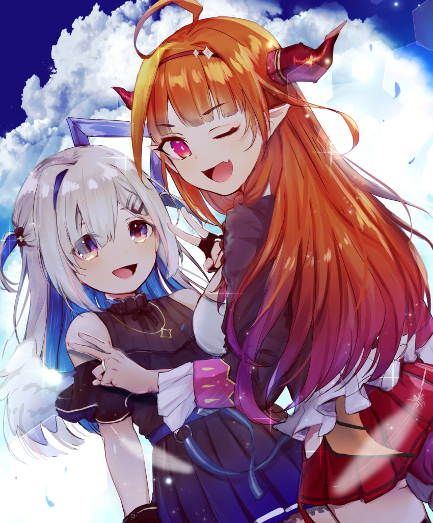 2girls ahoge amane_kanata angel angel_wings bangs bare_shoulders black_gloves black_jacket black_shirt black_skirt blonde_hair blue_eyes blue_hair blue_skirt blunt_bangs braid breasts brown_hairband cleavage_cutout clothing_cutout clouds cloudy_sky colored_inner_hair cowboy_shot dragon_girl dragon_horns dragon_tail eyebrows_visible_through_hair eyes_visible_through_hair fang feathered_wings feathers gloves gradient_skirt hair_between_eyes hair_ornament hair_over_one_eye hairband hairclip halo hand_up highres hip_vent hololive horns jacket jewelry kiryu_coco long_hair looking_back matching_ring miniskirt multicolored_hair multiple_girls necklace official_alternate_costume one_eye_closed open_mouth orange_hair partially_fingerless_gloves pink_hair pleated_skirt pointy_ears red_skirt ring shirt side-tie_skirt side_braid sidelocks sigisaki silver_hair single_braid single_hair_intake skin_fang skirt sky sleeveless sleeveless_shirt slit_pupils sparkle star_(symbol) star_halo star_necklace streaked_hair symbol_commentary tail two_side_up v violet_eyes virtual_youtuber wedding_band white_shirt white_wings wings