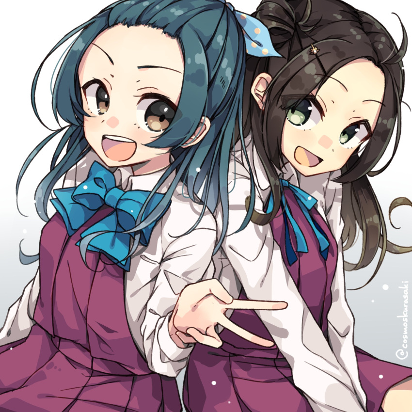 2girls ahoge black_hair blue_hair blue_neckwear bow bowtie brown_eyes double_bun dress eyebrows_visible_through_hair forehead gradient gradient_background gradient_hair green_eyes hair_ornament hair_ribbon hairclip highres kantai_collection kurasaki_cosmos long_hair long_sleeves makinami_(kancolle) multicolored_hair multiple_girls neck_ribbon open_mouth polka_dot polka_dot_ribbon purple_dress ribbon shirt simple_background suzunami_(kancolle) twitter_username v white_shirt