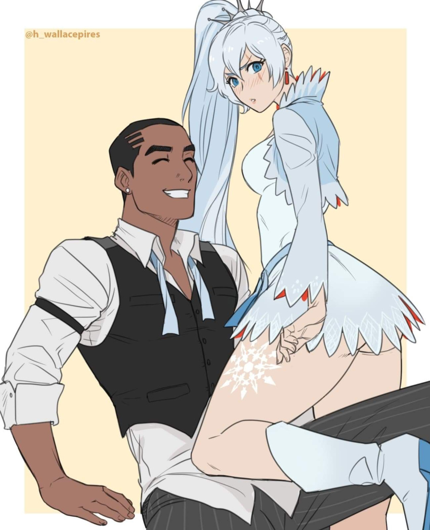 ass blush couple flynt_coal grin highres interracial legs rwby rwby_fanartnest smile tattoo wallace_pires weiss_schnee