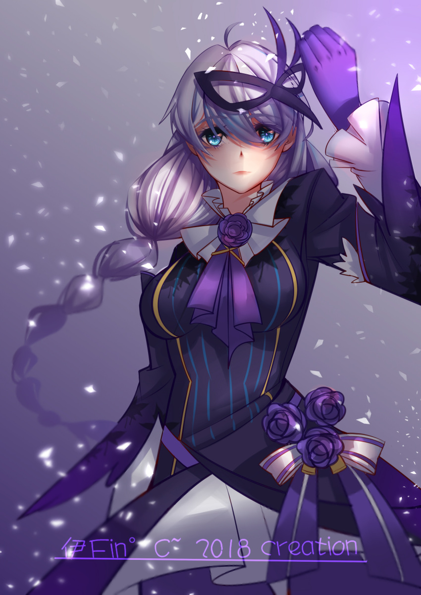 1girl absurdres antenna_hair bangs blue_eyes braid braided_ponytail closed_mouth flower gloves hair_between_eyes highres honkai_(series) honkai_impact_3rd kallen_kaslana kallen_kaslana_(sixth_serenade) long_hair long_sleeves looking_at_viewer mask mask_on_head purple_background purple_flower purple_gloves purple_rose rose sdzy97510 solo white_hair