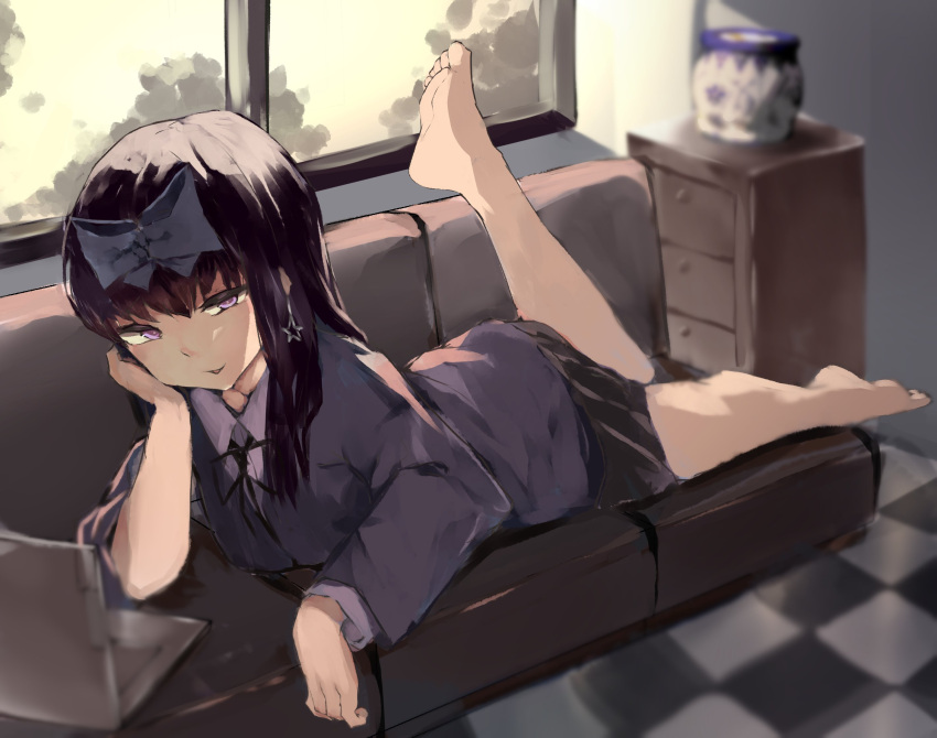 1girl bangs barefoot black_hair black_neckwear black_ribbon black_skirt blue_bow bow collared_shirt commentary computer cookie_(touhou) couch drawer earrings full_body hair_bow head_rest highres indoors jacket jewelry laptop long_hair long_sleeves looking_at_viewer lying neck_ribbon on_stomach open_mouth purple_jacket ribbon rizeass shirt shunga_youkyu skirt solo star_(symbol) star_earrings star_sapphire the_pose touhou violet_eyes white_shirt window