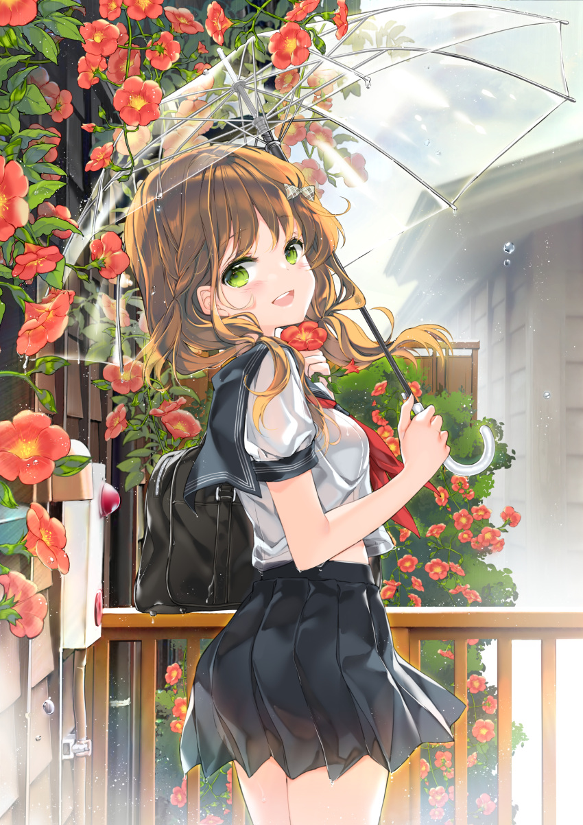 1girl :d absurdres bag bangs black_sailor_collar black_skirt blush bow breasts brown_hair building commentary_request day eyebrows_visible_through_hair flower green_eyes hair_bow highres holding holding_umbrella juna long_hair looking_at_viewer looking_to_the_side open_mouth original outdoors pleated_skirt rain red_flower sailor_collar school_bag school_uniform see-through serafuku shirt skirt small_breasts smile solo transparent transparent_umbrella umbrella upper_teeth wet wet_clothes wet_shirt white_shirt
