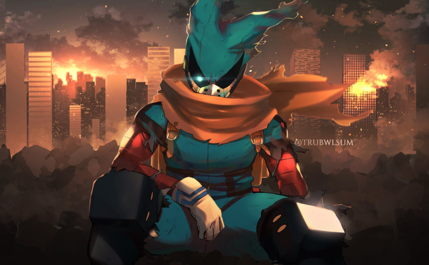 1boy bodysuit boku_no_hero_academia building city cityscape clouds cloudy_sky destruction fire gloves glowing glowing_eye green_bodysuit highres male_focus midoriya_izuku outdoors red_scarf ruins scarf sitting sky skyscraper solo sunset trubwlsum twitter_username white_gloves