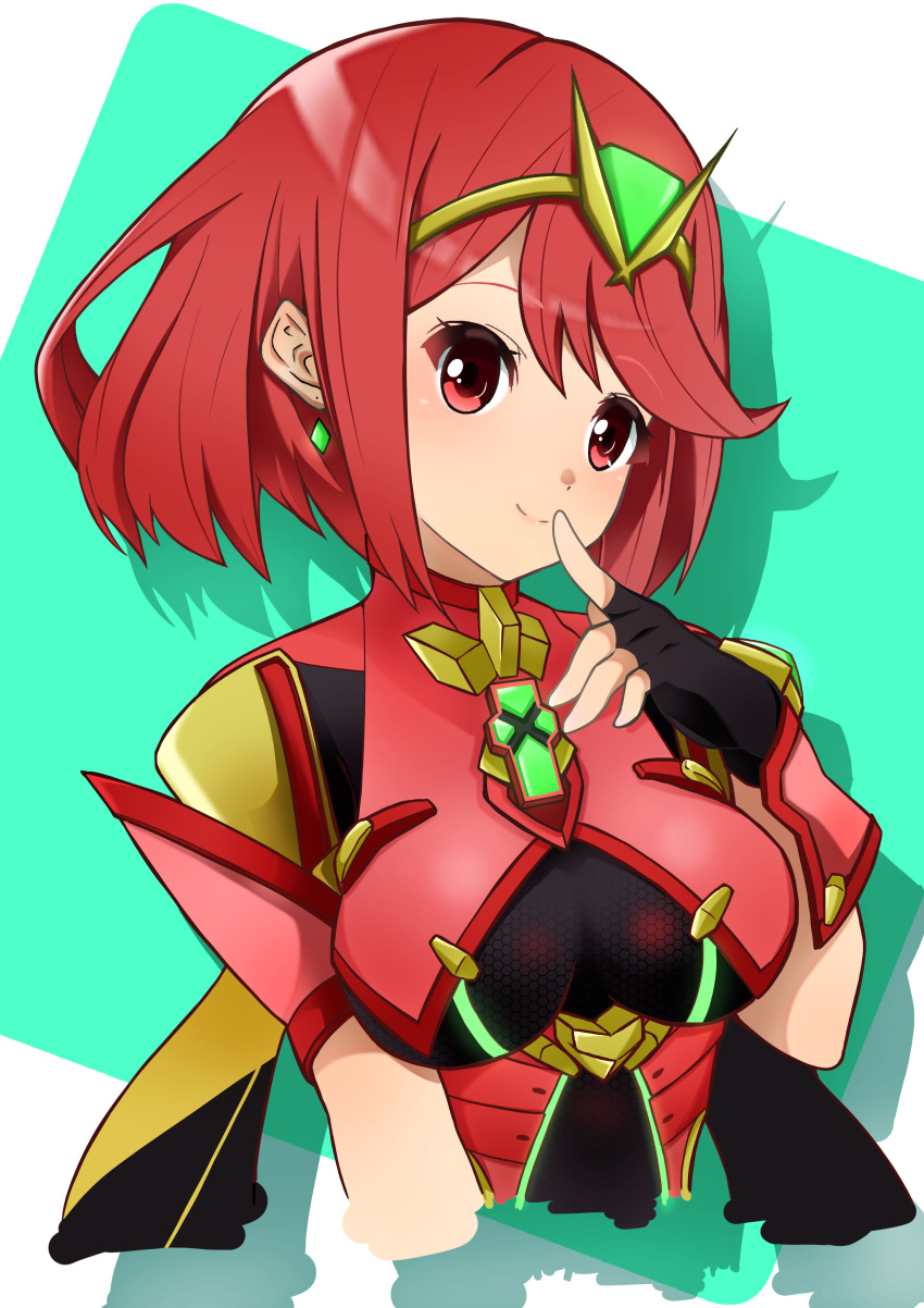 1girl absurdres bangs black_gloves breasts chest_jewel earrings fingerless_gloves gem gloves headpiece highres jewelry large_breasts nightwitch9612 pyra_(xenoblade) red_eyes red_shorts redhead short_hair short_shorts shorts swept_bangs tiara xenoblade_chronicles_(series) xenoblade_chronicles_2