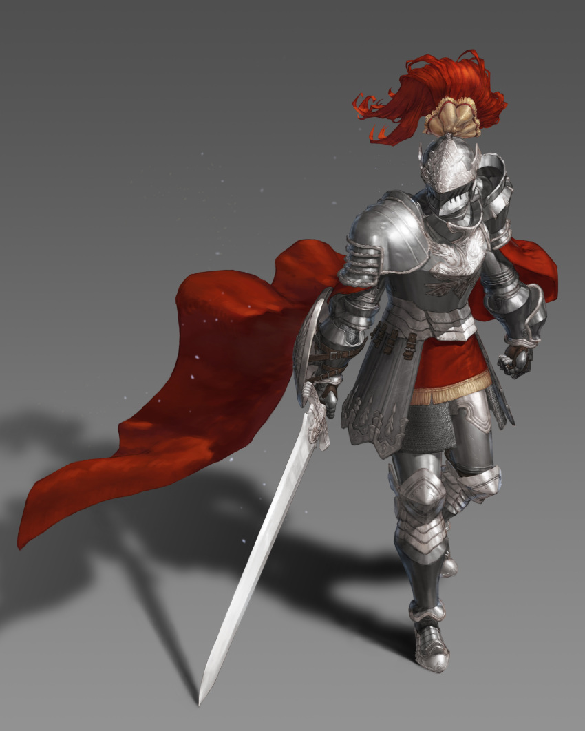 1other absurdres armor breastplate cape full_armor gauntlets gradient gradient_background graves greaves grey_background helm helmet highres holding holding_shield holding_sword holding_weapon intemind knight original pauldrons red_cape shadow shield shoulder_armor solo sword vambraces walking weapon