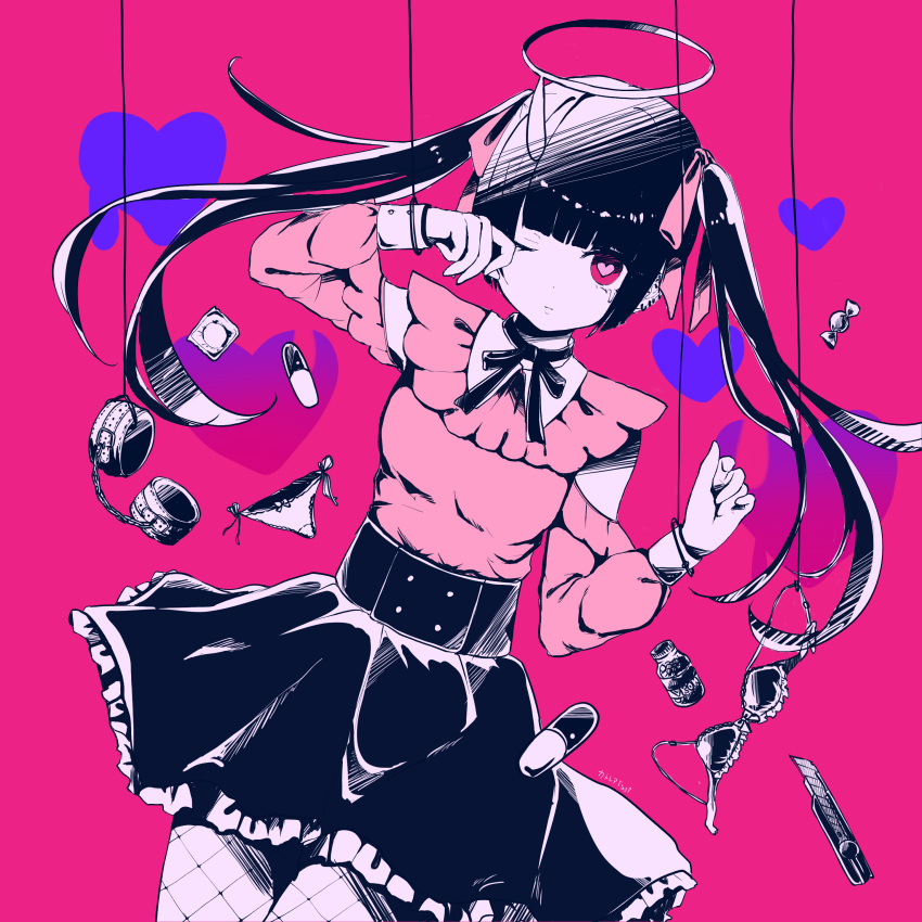 1girl absurdres bendy_straw black_footwear black_hair black_skirt borrowed_design bow bow_bra bra bra_removed can candy commentary darling_dance_(vocaloid) detached_sleeves drinking_straw fishnet_legwear fishnets food frilled_skirt frills hair_bow halo hatsune_miku head_tilt heart heart-shaped_pupils heart_lollipop highres katorea kneeling lollipop long_sleeves looking_at_viewer original parted_lips pill pink_bow pink_shirt pink_sleeves purple_background red_eyes shirt shoes skirt skirt_hold sleeveless sleeveless_shirt smile solo song_name symbol-shaped_pupils twintails underwear vocaloid