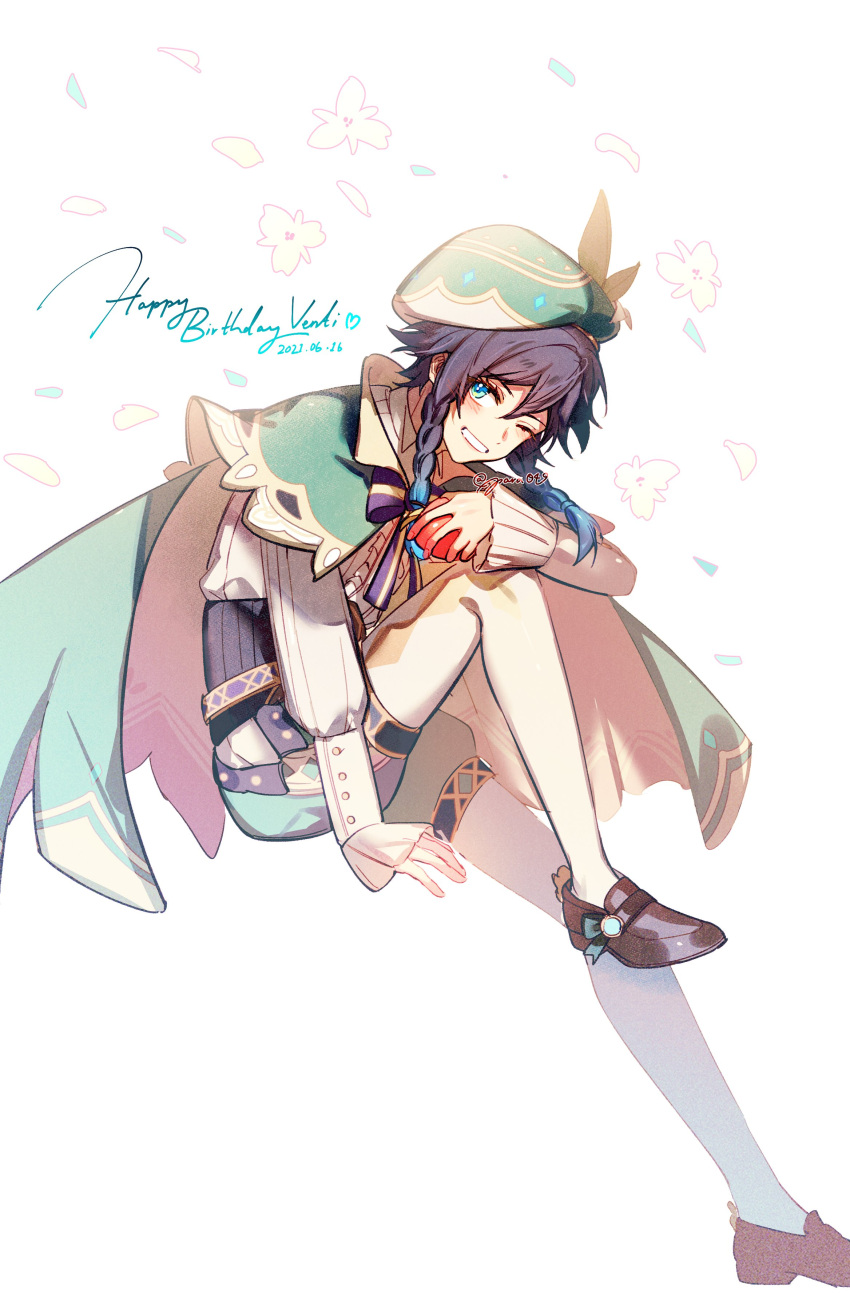 1boy absurdres androgynous apple argyle argyle_legwear bangs beret black_hair blue_hair bow braid cape character_name collared_cape collared_shirt corset dated english_commentary english_text flower food frilled_sleeves frills from_side fruit genshin_impact gradient_hair green_eyes green_headwear green_shorts grin happy_birthday hat highres holding holding_food holding_fruit leaf long_sleeves looking_at_viewer male_focus multicolored_hair one_eye_closed open_mouth pantyhose para049 shirt shoes short_hair_with_long_locks shorts simple_background smile solo symbol_commentary twin_braids venti_(genshin_impact) white_flower white_legwear white_shirt