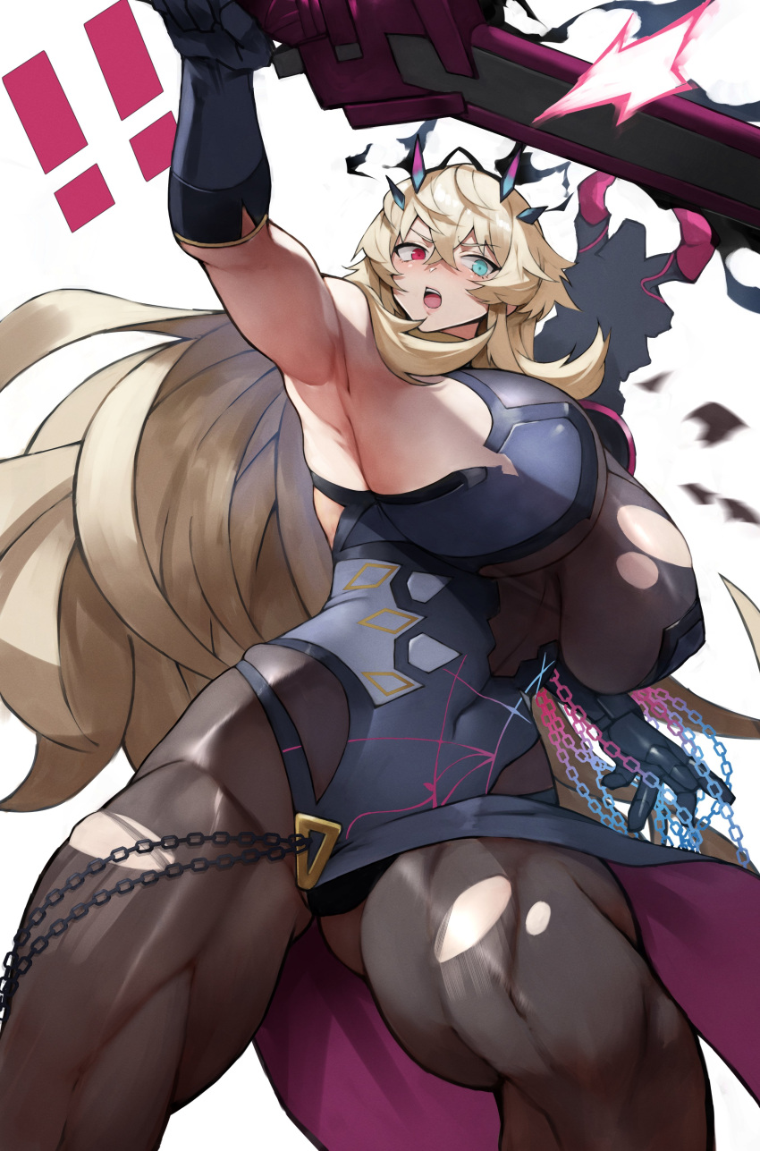 ! !! 1girl abs absurdres armor armpits bangs bare_shoulders biceps black_dress black_gloves blonde_hair blue_eyes blush breasts brown_legwear chain covered_navel crossed_bangs dress elbow_gloves fate/grand_order fate_(series) gauntlets gawain_(fairy_knight)_(fate) gloves hair_between_eyes heterochromia highres horns large_breasts long_hair looking_at_viewer muscular muscular_female open_mouth pantyhose pauldrons pelvic_curtain red_eyes shoulder_armor sideboob single_gauntlet single_glove single_pauldron solo sword thick_thighs thighs toned torn_clothes torn_dress weapon yoshio_(55level)