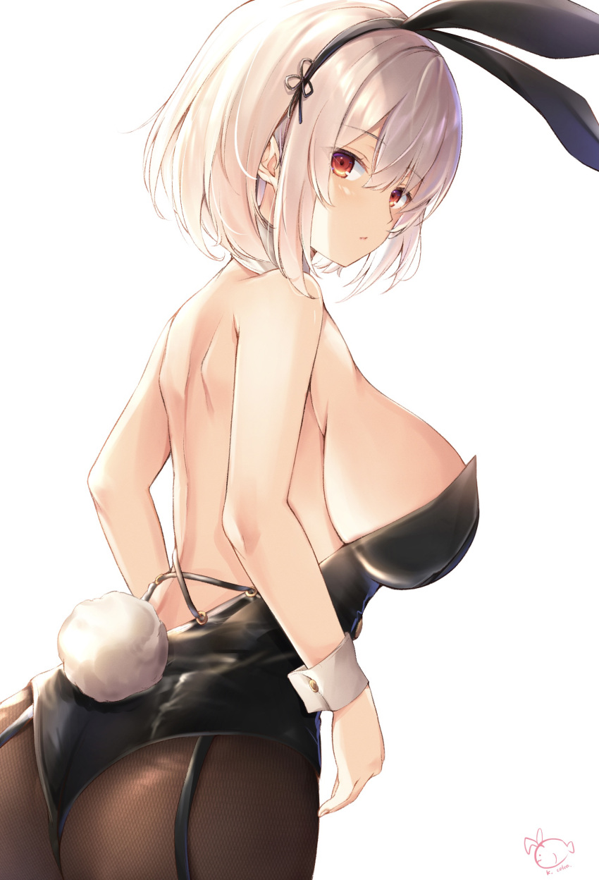 1girl :o absurdres animal_ears ass azur_lane back bangs bare_arms bare_shoulders black_leotard breasts brown_legwear bunny_tail commentary_request cowboy_shot eyebrows_visible_through_hair fake_animal_ears fake_tail fishnet_legwear fishnets from_behind garter_straps highres kiri_celea large_breasts leotard looking_at_viewer looking_back medium_hair pantyhose playboy_bunny rabbit_ears red_eyes shiny shiny_hair sidelocks signature silver_hair simple_background sirius_(azur_lane) solo standing strapless strapless_leotard tail white_background wrist_cuffs