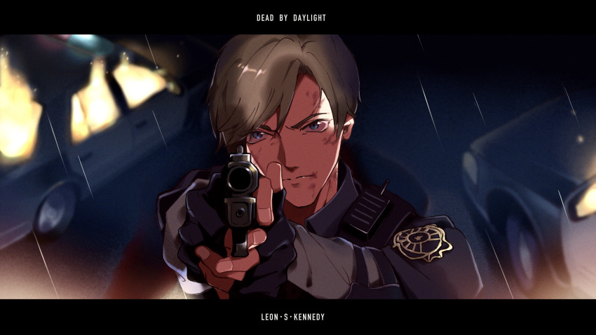 1boy absurdres aiming_at_viewer black_gloves blue_eyes brown_hair car character_name copyright_name dead_by_daylight fingerless_gloves fire furuya01boy gloves ground_vehicle gun handgun highres holding holding_gun holding_weapon leon_s._kennedy looking_at_viewer male_focus motor_vehicle pistol police resident_evil solo upper_body v-shaped_eyebrows weapon