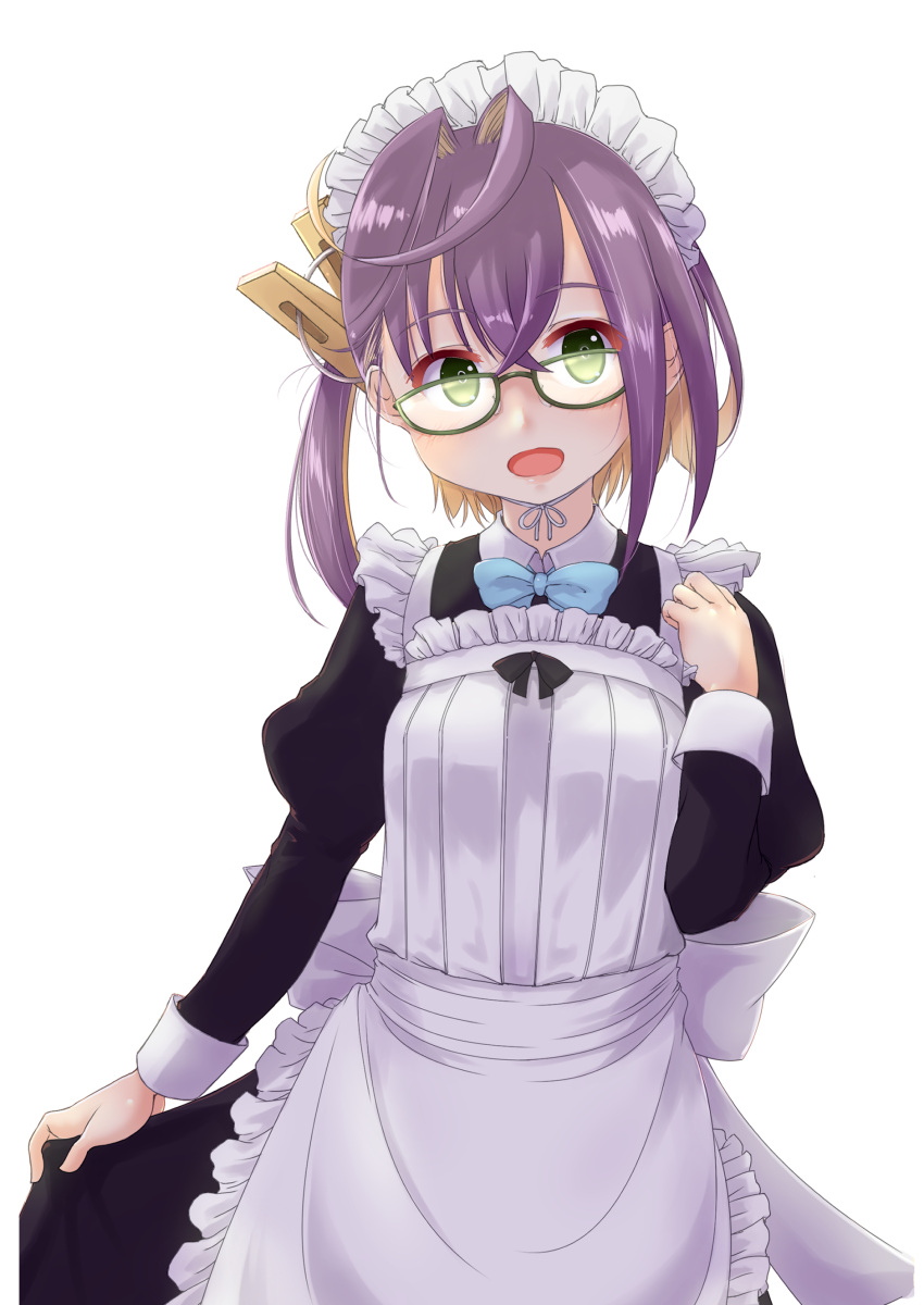 1girl absurdres alternate_costume apron black_dress blonde_hair dress enmaided frilled_apron frills fyuo glasses green-framed_eyewear green_eyes highres juliet_sleeves kantai_collection long_sleeves maid maid_apron maid_headdress multicolored_hair okinami_(kancolle) puffy_sleeves purple_hair short_hair solo white_apron