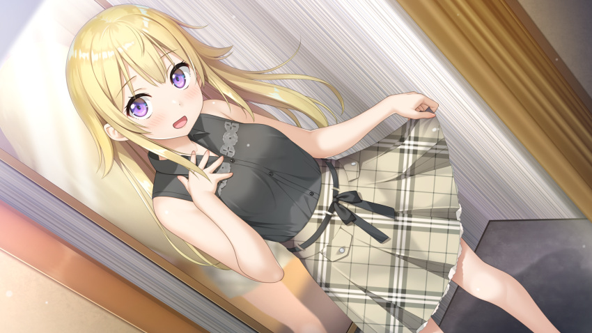 1girl :d bangs black_shirt blonde_hair breasts collared_shirt dress_shirt dutch_angle eyebrows_visible_through_hair game_cg hair_between_eyes highres kamisama_no_you_na_kimi_e kantoku lana_liddell-hart long_hair looking_at_viewer miniskirt official_art open_mouth plaid plaid_skirt shiny shiny_hair shirt skirt skirt_hold sleeveless sleeveless_shirt small_breasts smile solo standing straight_hair violet_eyes wing_collar