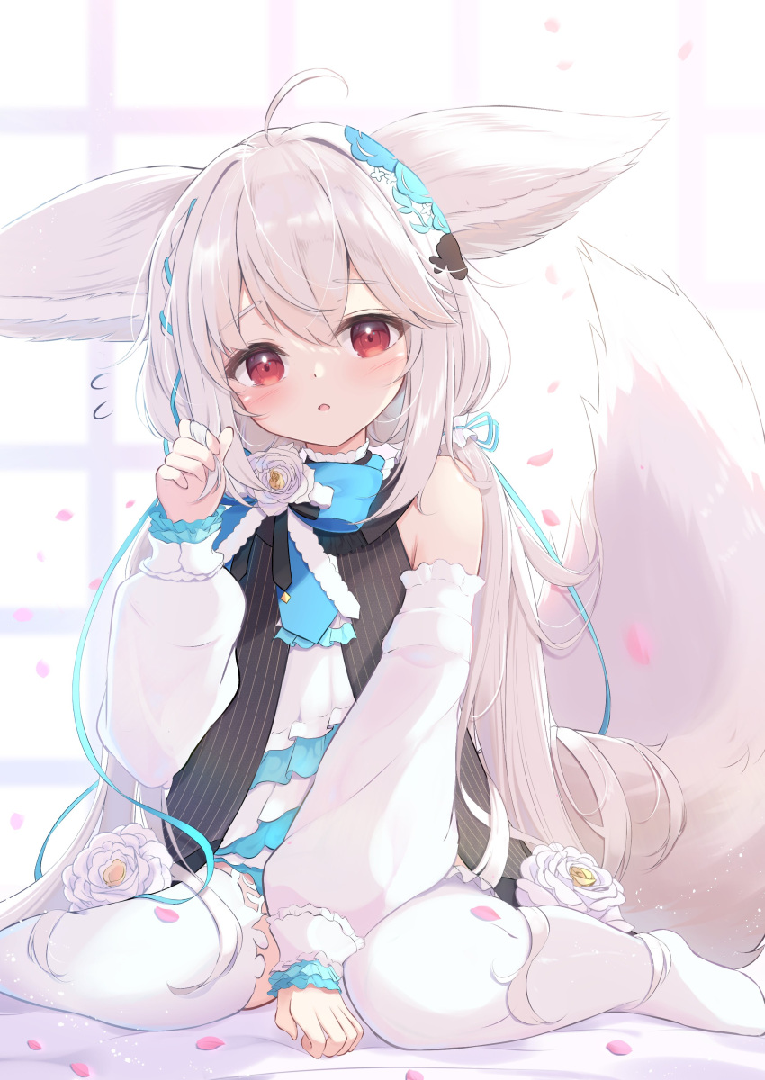 1girl absurdres ahoge animal_ear_fluff animal_ears bangs black_footwear blush commentary_request commission detached_sleeves dress ears_down flower fox_ears fox_girl fox_tail frilled_dress frilled_legwear frills hand_up highres light_smile long_hair long_sleeves looking_at_viewer mikaze_oto mismatched_legwear original puffy_long_sleeves puffy_sleeves red_eyes sakurada_shiro silver_hair skeb_commission sleeves_past_wrists smile solo tail thigh-highs tied_hair very_long_hair white_background white_dress white_flower white_legwear